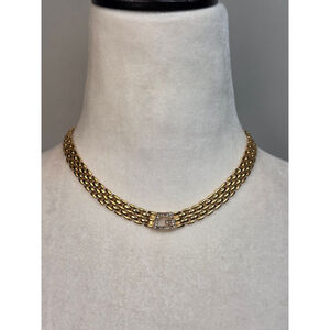 VTG Givenchy 80s Gold Tone Panther Link Choker Necklace Crystal G Logo 15.5"